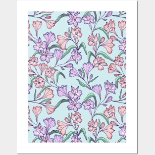 Happy lily flowers botanical pattern in light blue Posters and Art